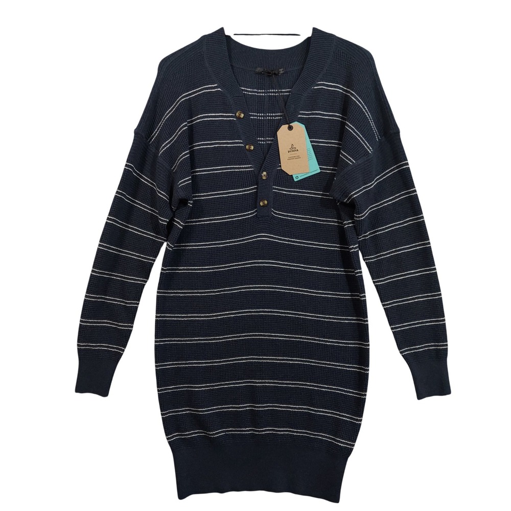 prAna Milani Henley Dress Womens M Nautical Stripe Navy Organic Cotton Wool NEW